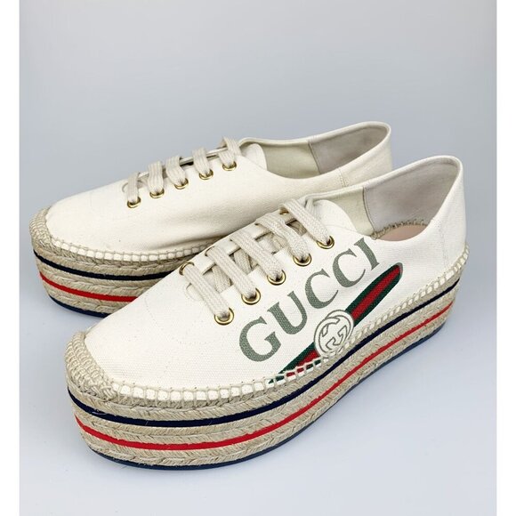 NIB Gucci Women's Platform Espadrilles with logo In White Size 38.5 - Picture 2 of 11